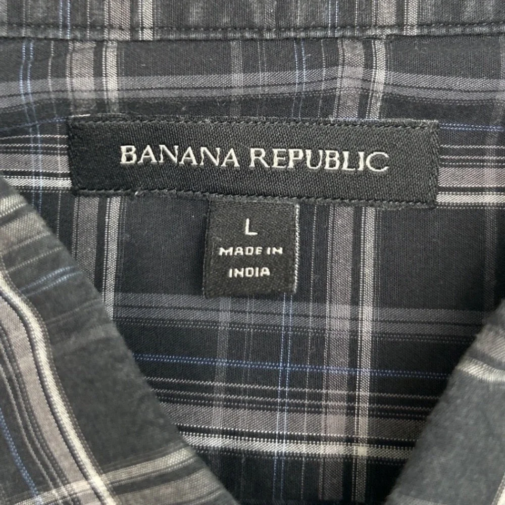 Banana Republic Mens Short Sleeve Plaid Button Down Shirt Black Size L Stretch